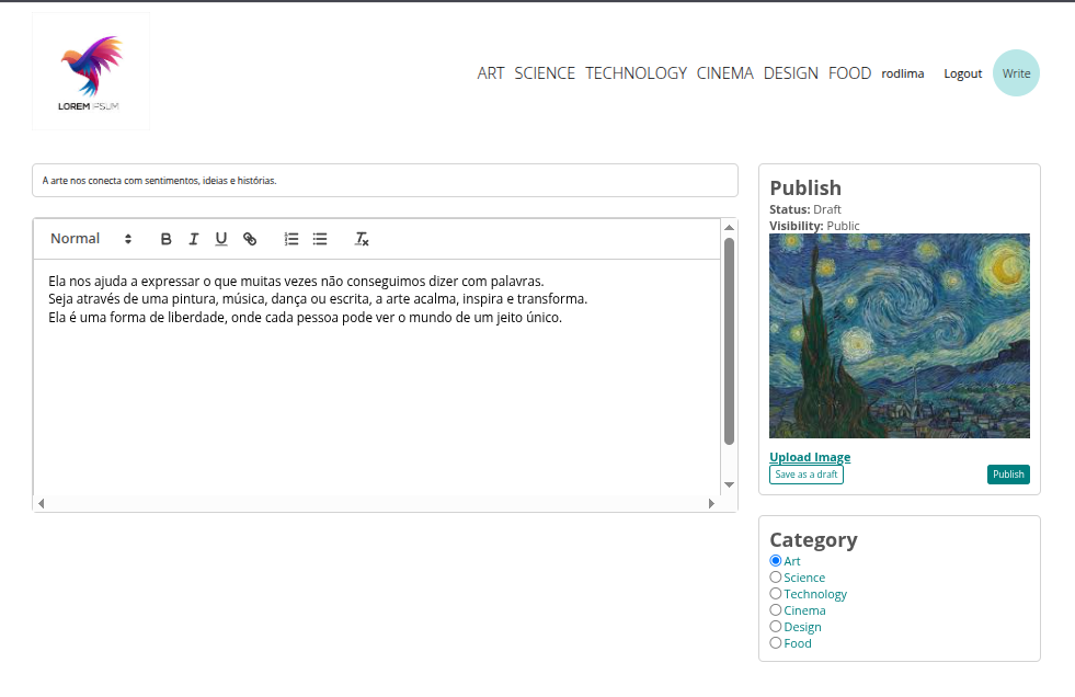 Tela de edição de post