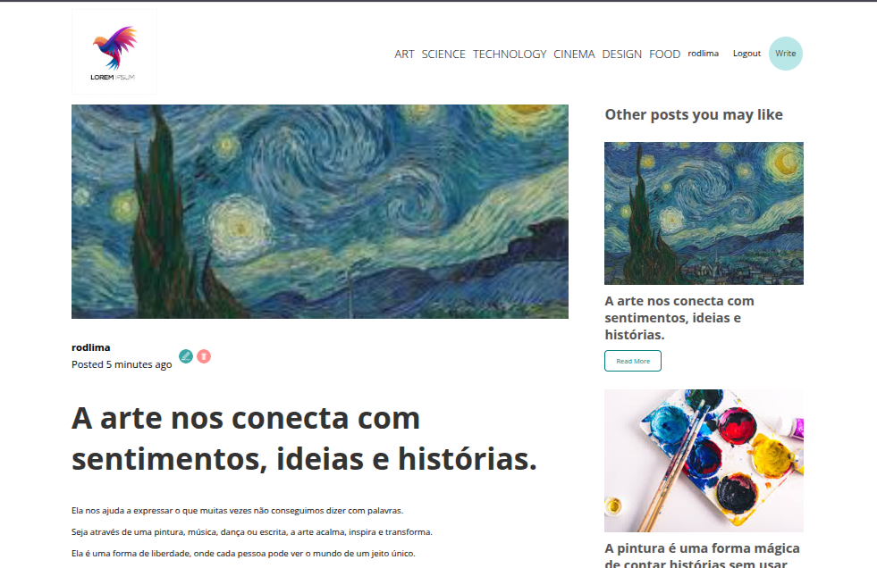 Menu principal do Blog App