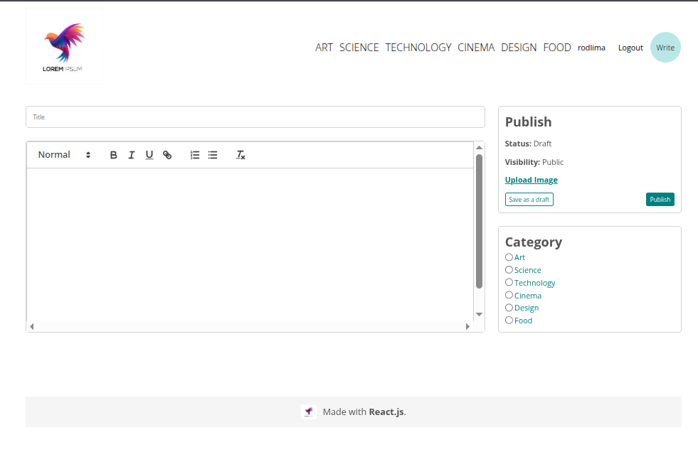 Tela de criação de post
